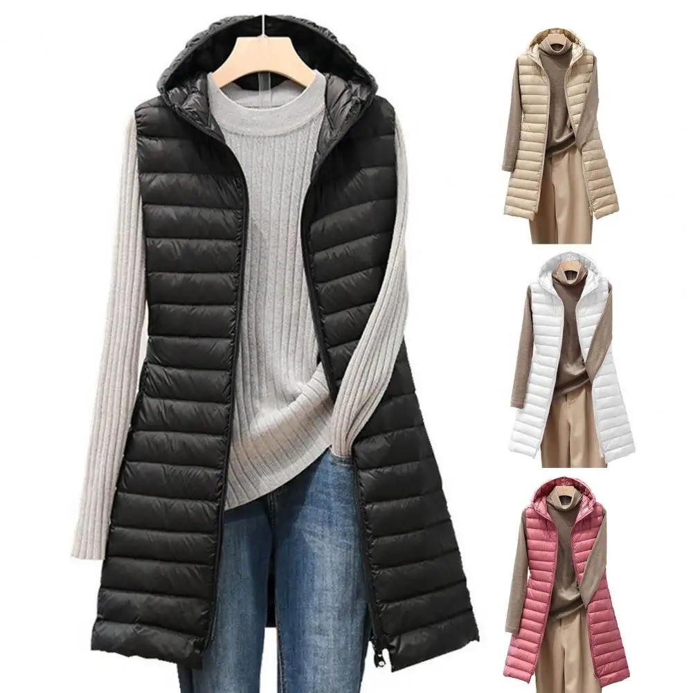 Lightweight Padded Women Vest Women Thermal Down Jacket Stylish Women\'s Winter Vest Coat Padded Hooded Mid-length for Warmth