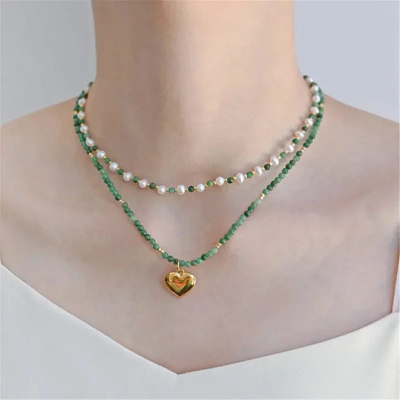 

Original Design Natural Stone Green Round Beaded Necklace Natural Pearl Niche Jewelry Heart Pendant Stacked Women Clavicle Chain