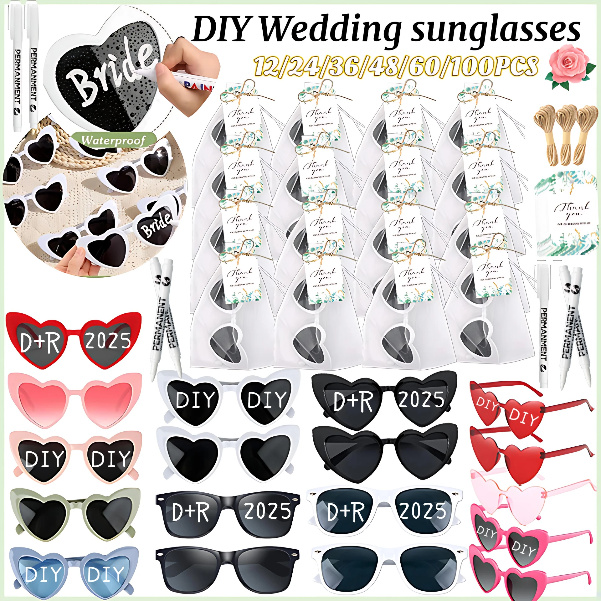 NONE 12–100 Stück Hochzeit Herz Sonnenbrille DIY Party Brille personalisierte Sonnenbrille Souvenirs für Gäste Bachelorette Brautjungfer Geschenke