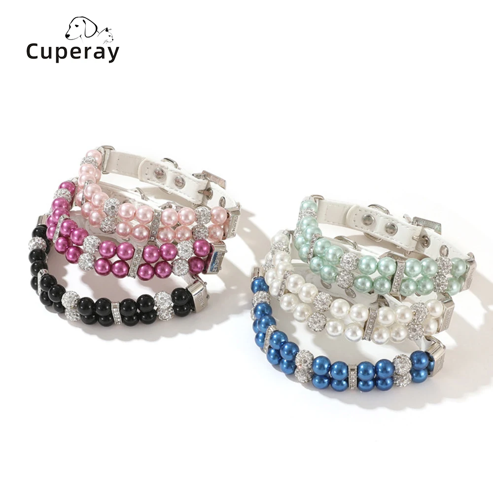 Collar de perlas con diamantes de imitación de cristal para perro, Collar de piel sintética para perros pequeños y medianos, boda, fiesta de cumpleaños