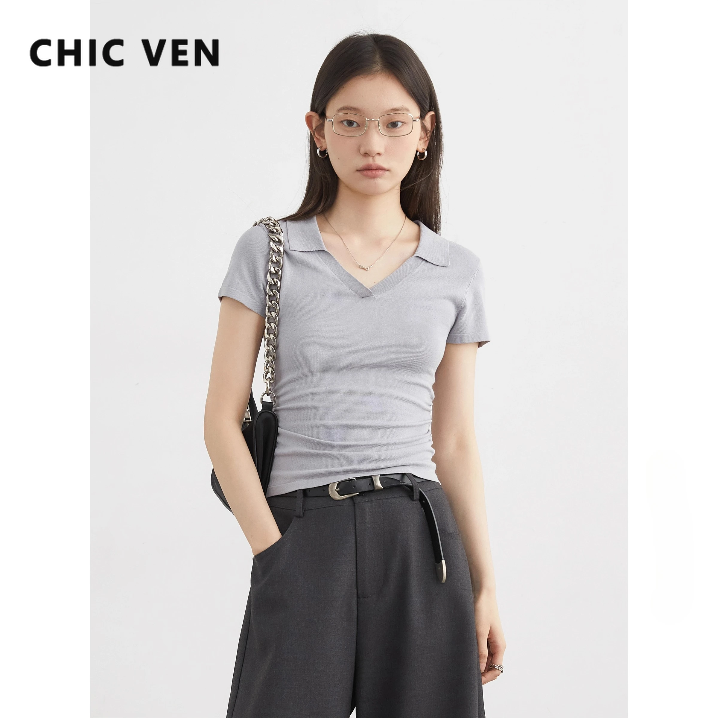 

CHIC VEN Women T-Shirts Solid Slim New V-neck Knitted Short Sleeved Pleated Waist Female Polo Collar Tees Spring Summer 2025