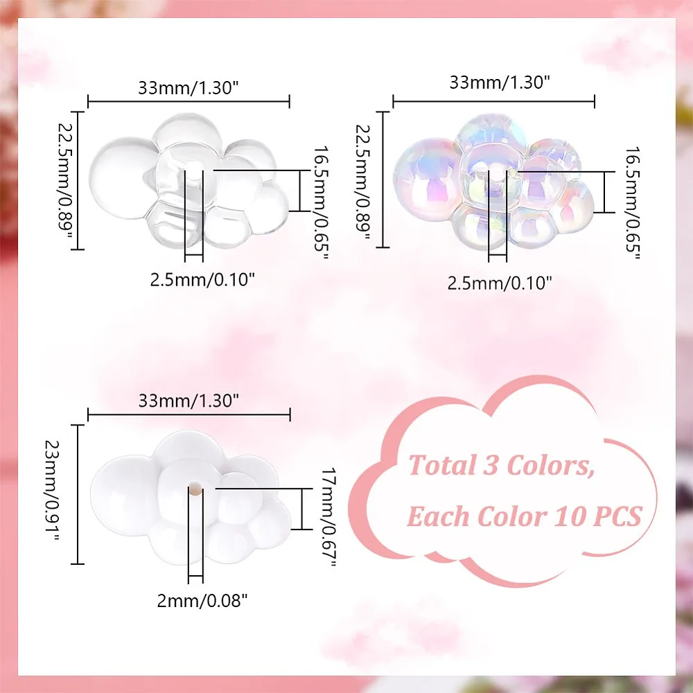 30Pcs 3 Colors Transparent Opaque Acrylic Beads Cloud Mixed Color 33x22.5~23x16.5~17mm Hole: 2~2.5mm 10pcs/style