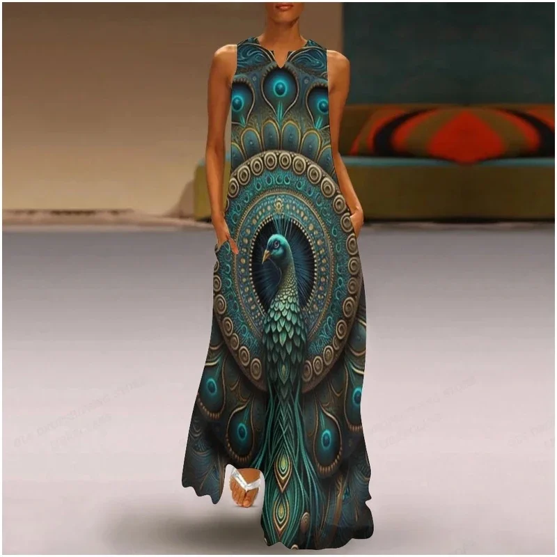 Women's Fashion Long Dress Cute Elegant Peacock Owl Animal patterns Print Dress Spring Summer Casual Loose Sleeveless Tank Dress