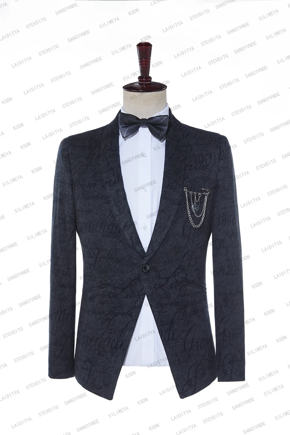 2023 New Men Suits 2 Pcs Dark Grey Velvet Printed Fit Casual Groom Shawl Lapel Business Tuxedo for Formal Wedding（Blazer+Pants）