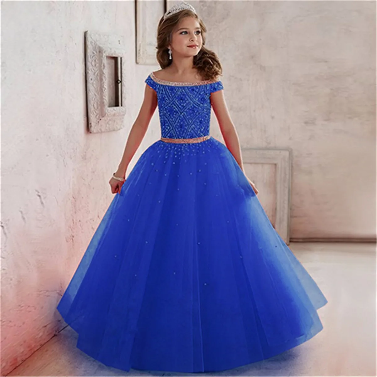 

Solid Flower Girl Dress Tulle Off Shoulder Sleeveless Beaded Wedding Little Princess First Communion Prom Ball Gowns Dress