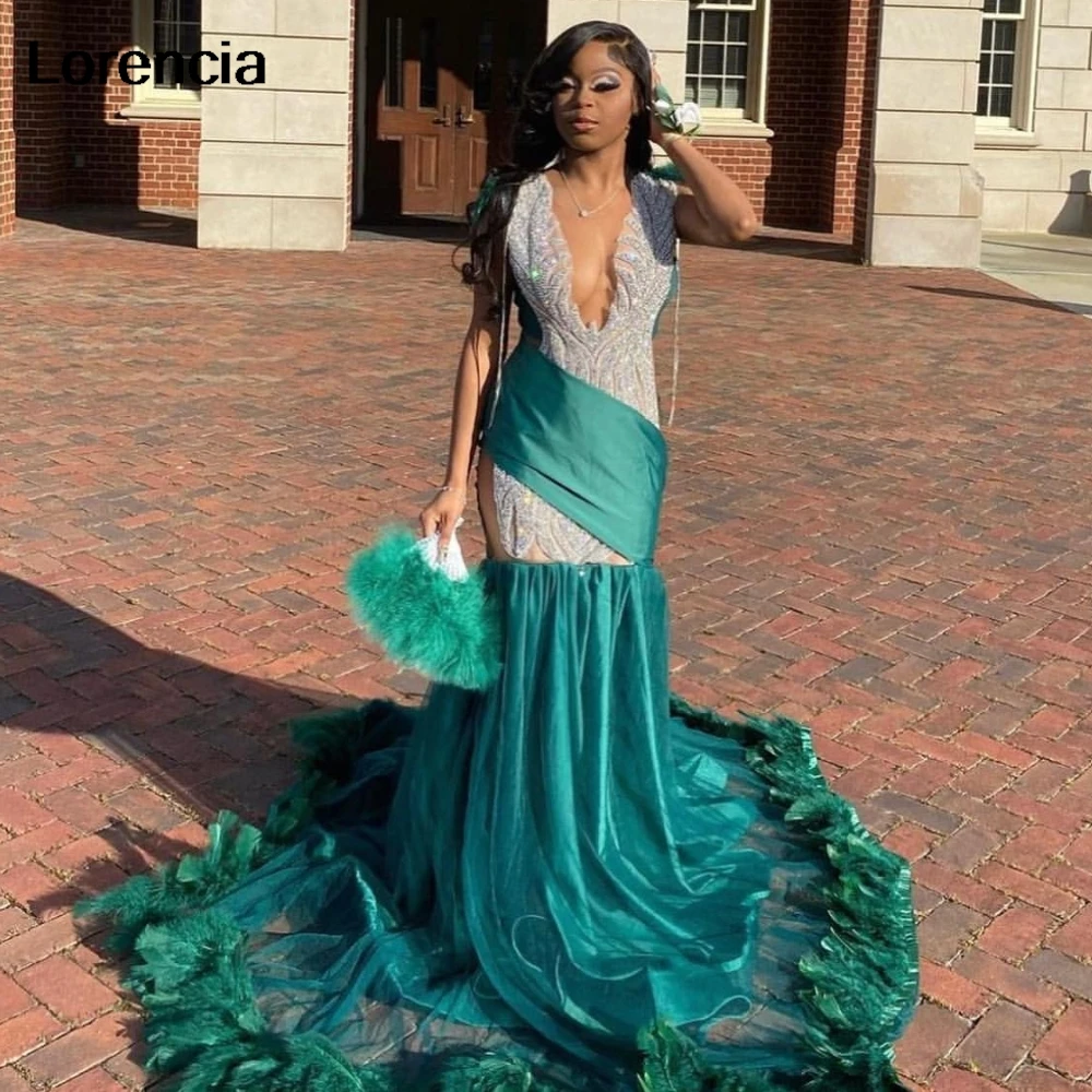 

Lorencia Green Mermaid Long Mermaid Prom Dress 2024 Silver Beading Crystals Black Girls Party Gown Aso Ebi Evening Dress YPD142