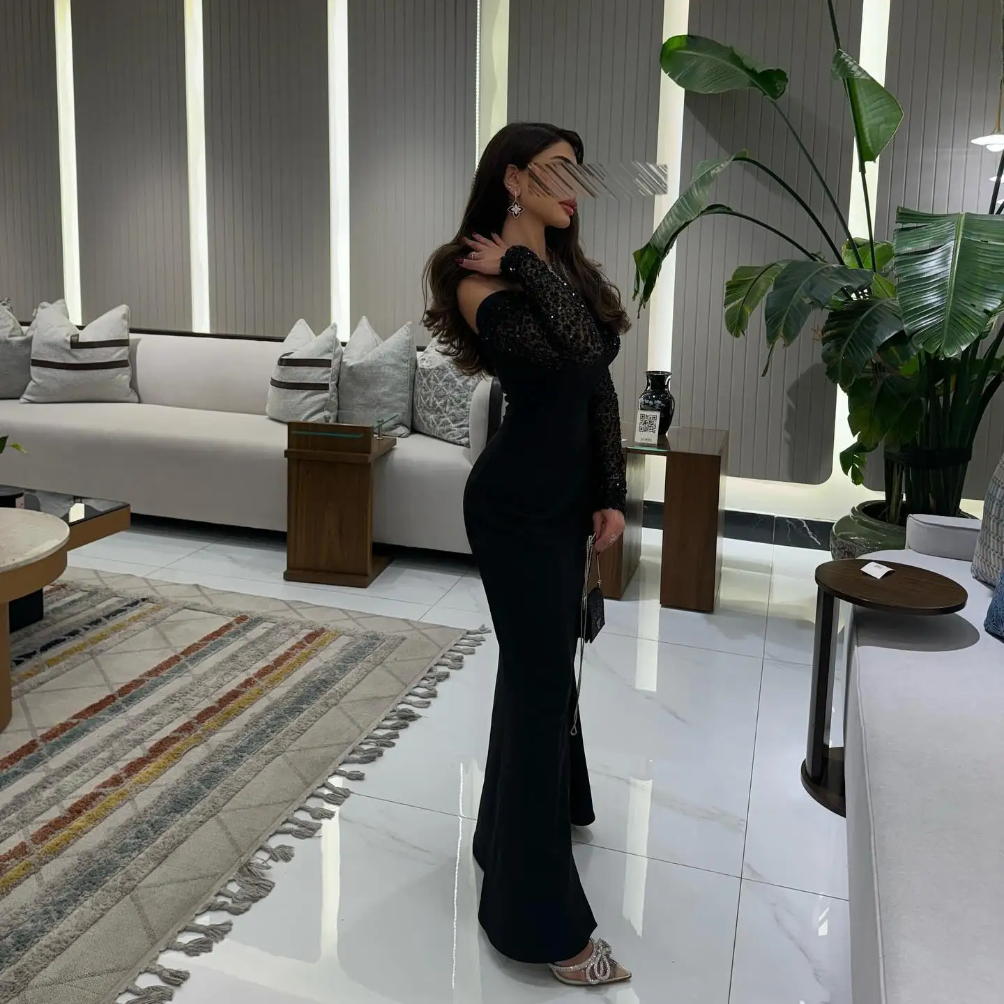 사용자 정의 블랙 저지 이브닝 드레스 클래식 보트 넥 오프 어깨 긴 소매 댄스 파티 드레스 크리스탈 레이스 파티 드레스