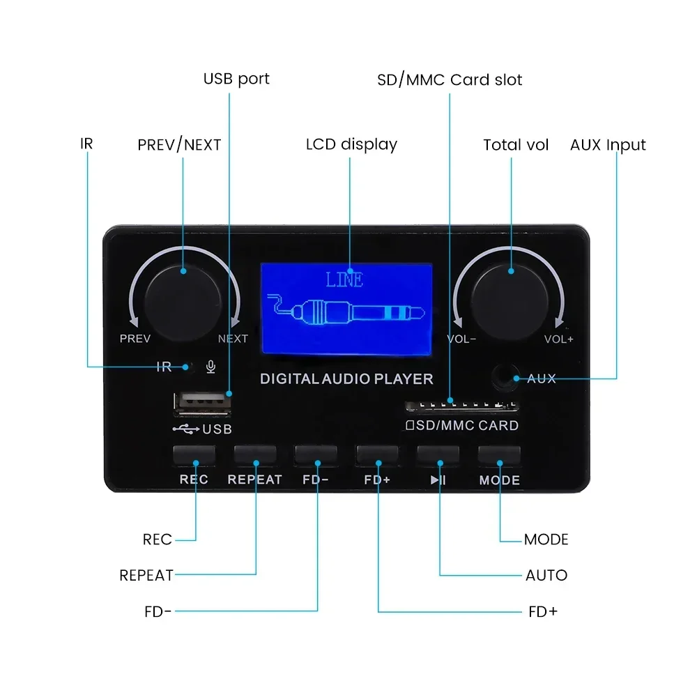 Placa decodificadora Bluetooth MP3 de 12V, decodificador de pantalla de letras LCD WMA WAV FLAC APE, grabación FM, decodificación USB para amplificador de Audio