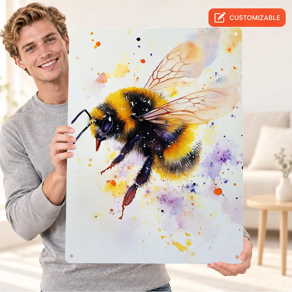 Bumblebee Watercolor Painting Printed Poster Retro Bold Design Home Office Wall Art Customized Aluminum Metal Sign Unique Gift