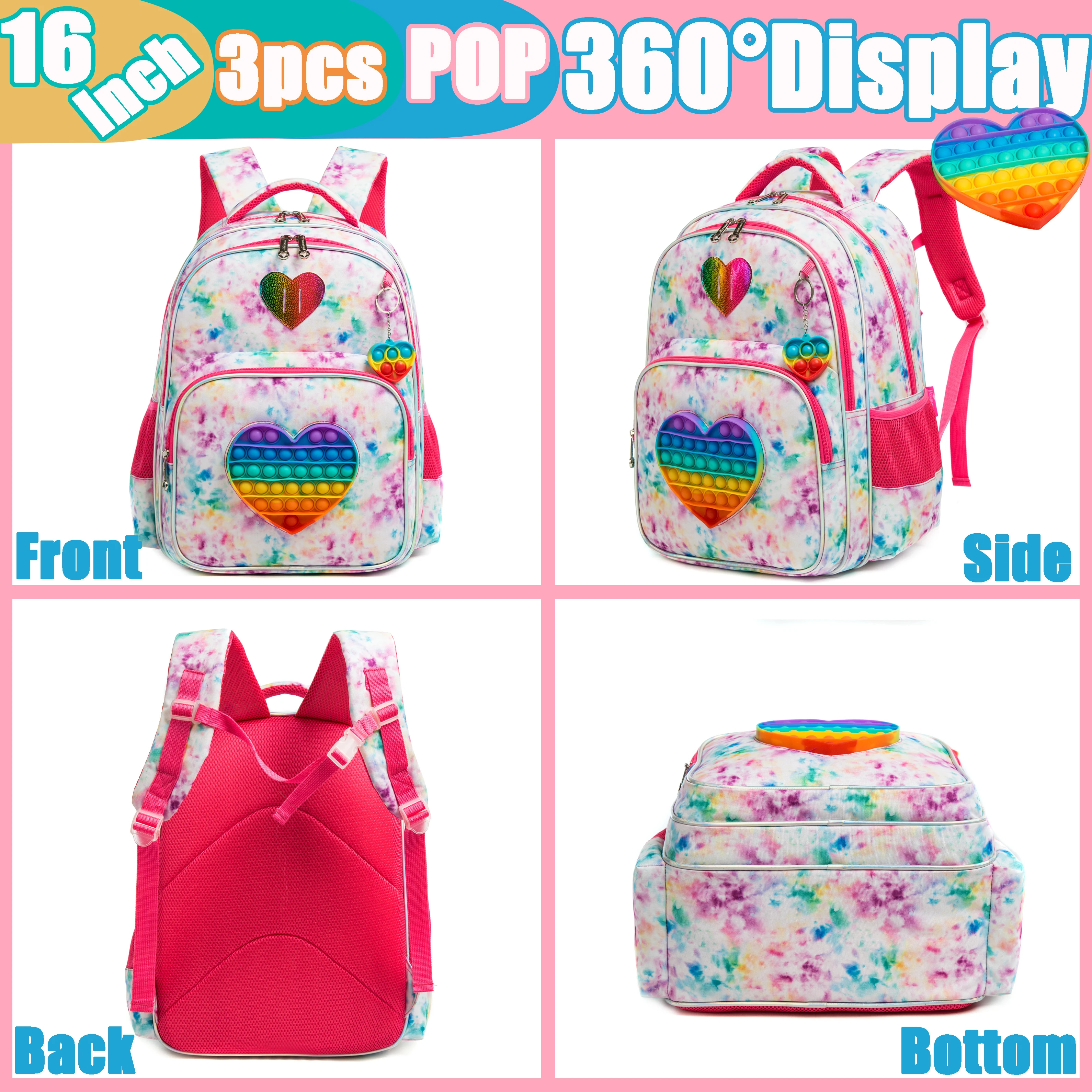 3PCS Cute Backpack for Girls School Kids Sequin Bookbag for Elementary Kindergarten Students with Lunch Box Pencil Case