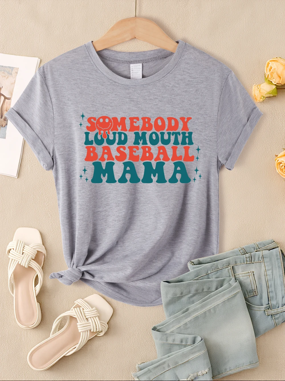 Somebody Loud Mouth Baseball Mama T-Shirts Womens O-Neck Comfortable T Shirt Casual Loose Short Sleeve Sporty Womans Streetwear