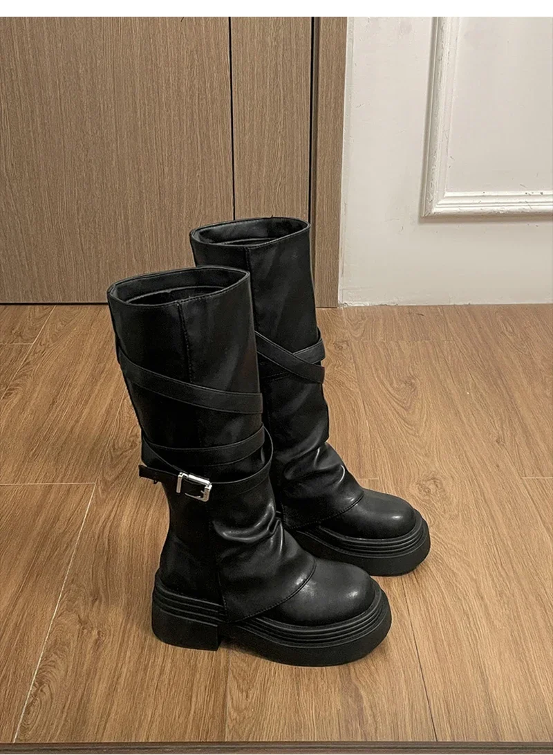 Vintage Damenstiefel mit Dickem Absatz, Modische Slip-On Kniestiefel für Herbst und Winter, Zapatos De Mujer – Detail 13
