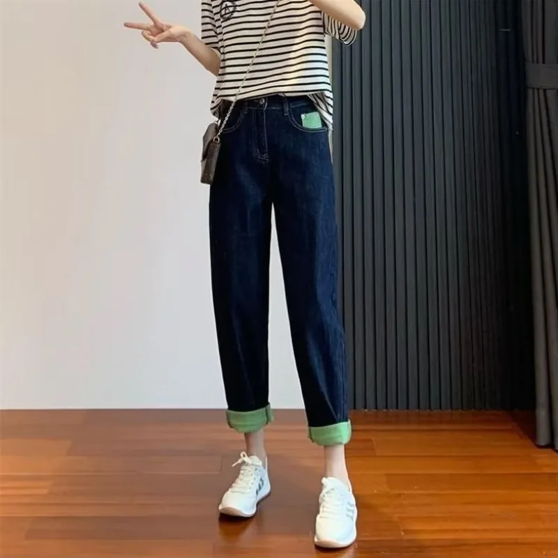 กางเกงยีนส์ทรงหลวมแบบจีบยาวถึงข้อเท้าของผู้หญิงเอวสูงสำหรับเด็กผู้หญิงฤดูร้อน MODE Korea ลำลองทันสมัยเข้ากับทุกชุด