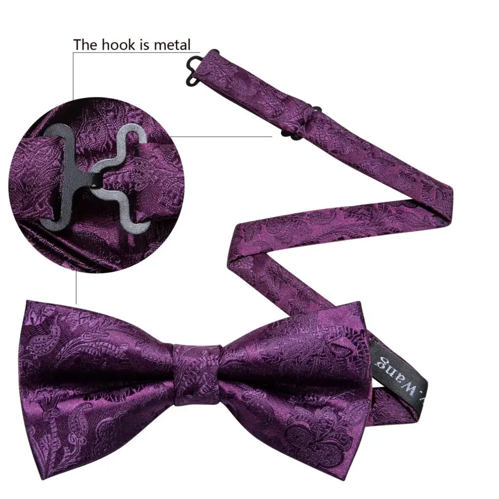 Barry.Wang Purple Lilac Lavender Silk Mens Bow Tie Jacquard Paisley Floral Pre-Tied Bowtie Hanky Cufflinks Set Wedding Business