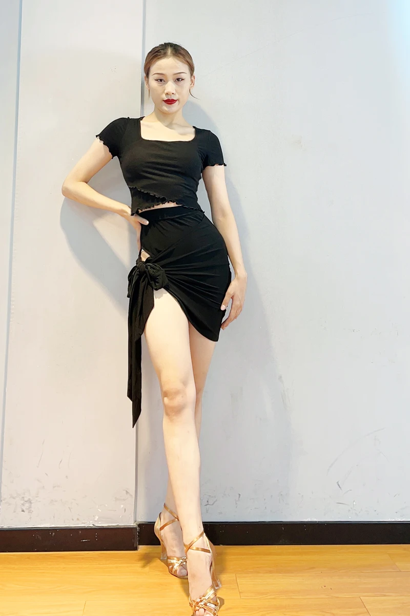 2023 New Latin Dance Practice Clothes Black Sexy Tops Irregular Skirt Suit Chacha Rumba Tango Adult Latin Dance set