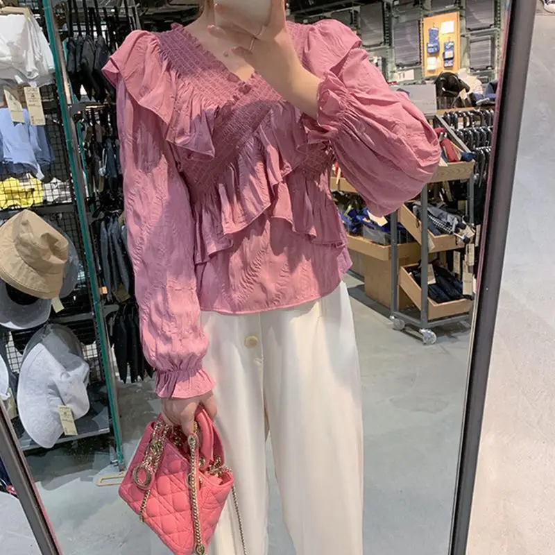 Summer V-neck Chiffon Pleated Short Korean Blouse Long Sleeve Solid Color Fashion All-match Tops Sweet Elegant Women Clothing
