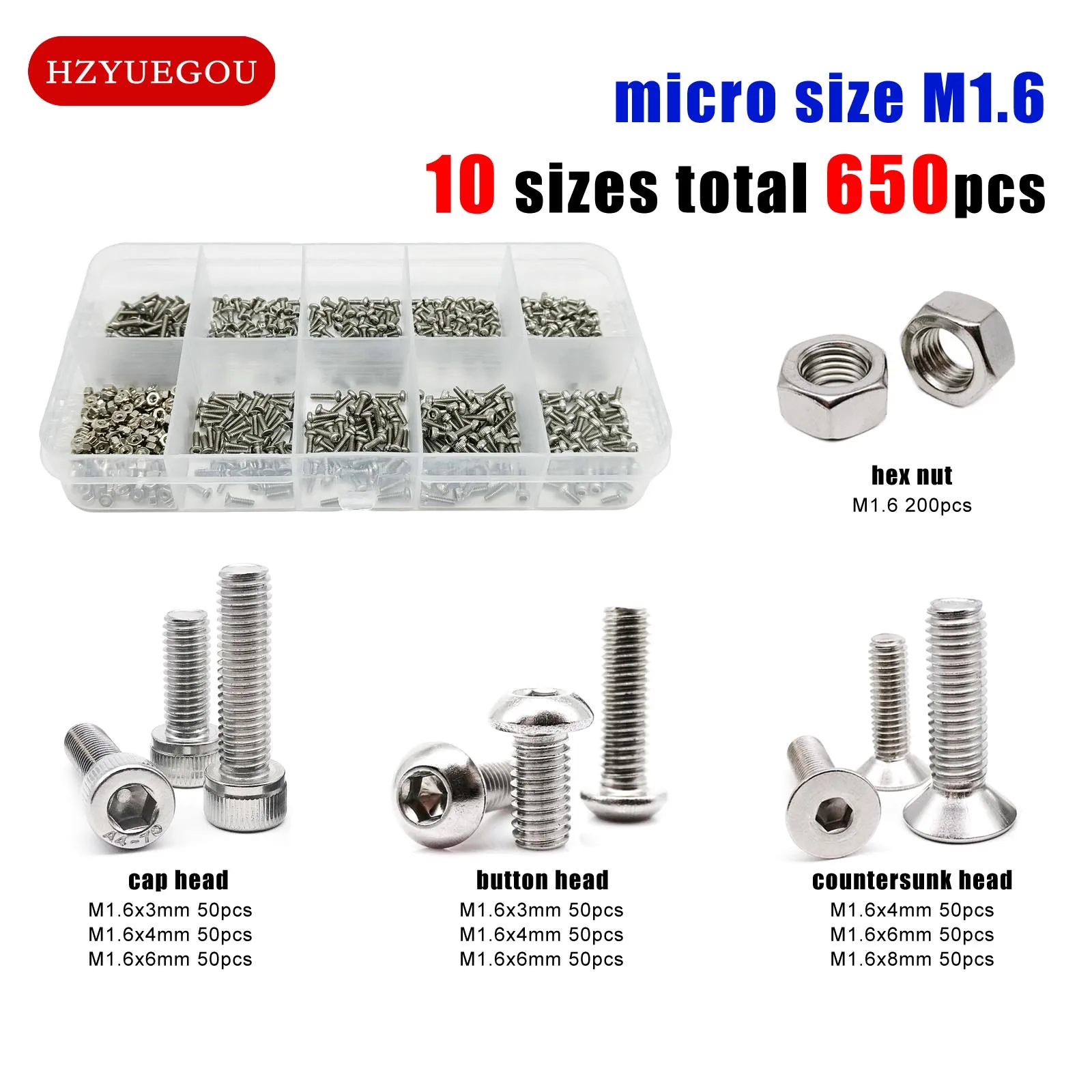 650pcs/box Micro Small 10 Size M1.6 Allen Hex Socket Head Cap Button Flat Countersunk Screw Bolt Nut Set Kit 304 Stainless Steel