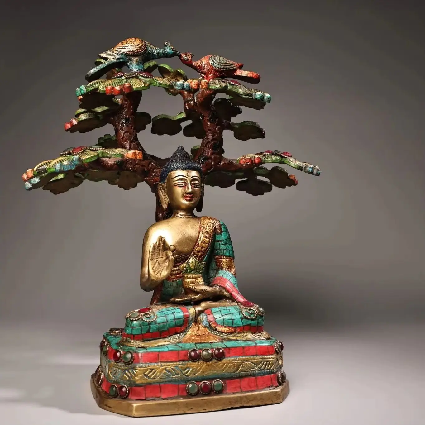 

11"Tibetan Temple Collection Old Bronze Outline in gold Mosaic Gem Turquoise Bodhi Tree Shakyamuni Meditation Sitting Buddha