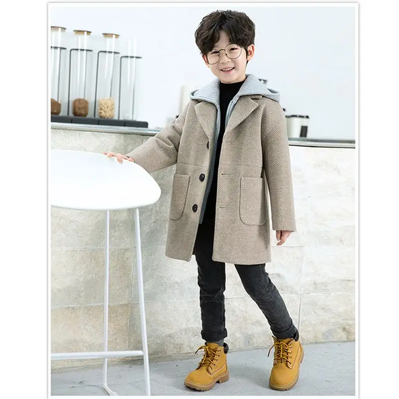 Boys Woolen Coat For Autumn Winter Fashion Hooded Patchwork Plus Cotton Warm Single Breasted Kid Clothes Outerwear Wool & Blends