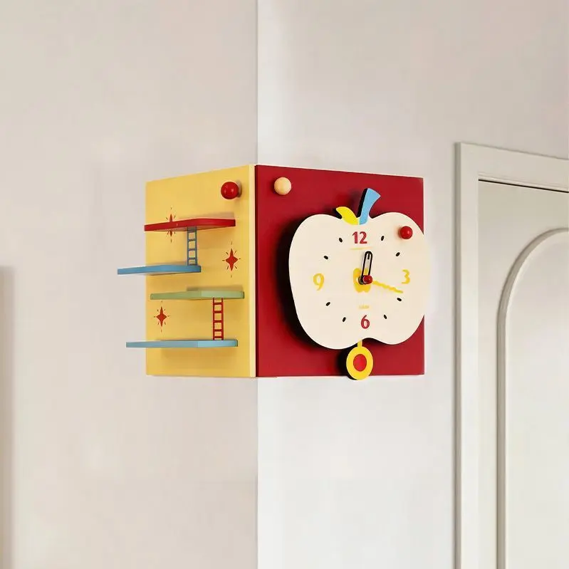 Apple shape corner wall clock creative children's room storage rack decorative wall hanging blind box housewarming birthday gift