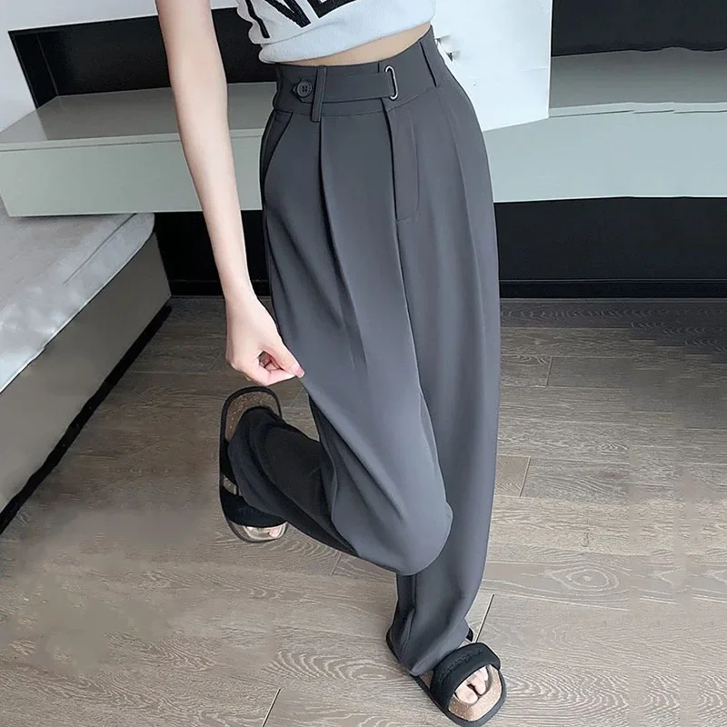 夏の新しい女性スーツパンツハイウエスト固体ルーズカジュアルワイドレッグレディースズボン Y2K シックなオフィスレディースストレートパンツ