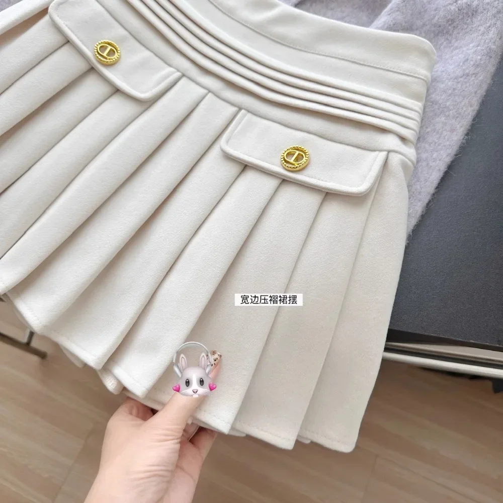 High Quality Luxury Women Pleated Skirt Woolen Spring Korea Style Cheerleading Girl A-Line White High Waist Shorts Mini Skirts