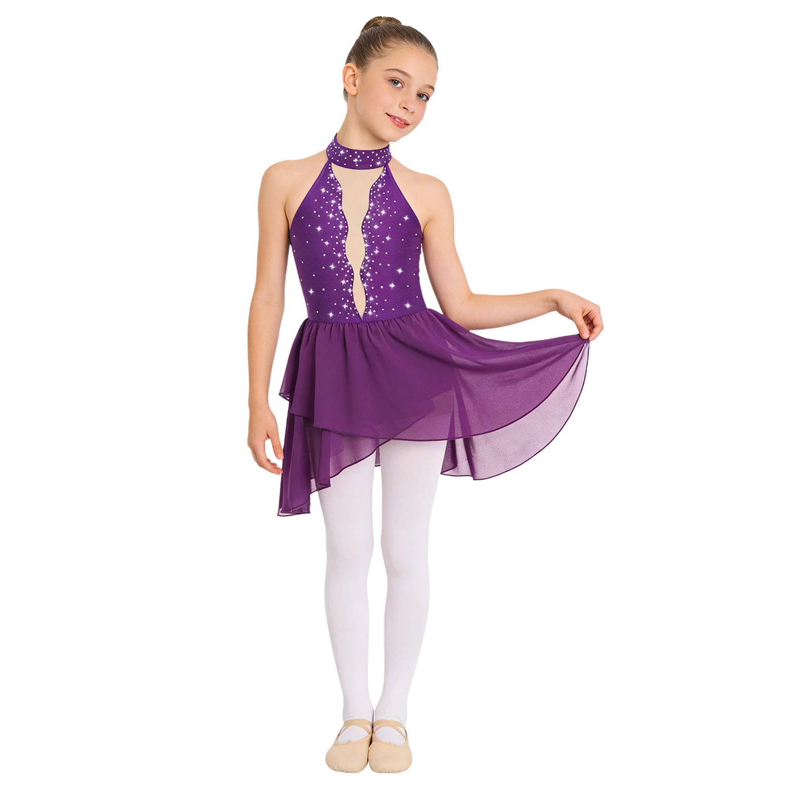 

Girls Shiny Sparkling Ballet Dance Dress Sleeveless Jazz Sequins Sheer Mesh Patchwork Open Back Irregular Hem Dress Dancewear