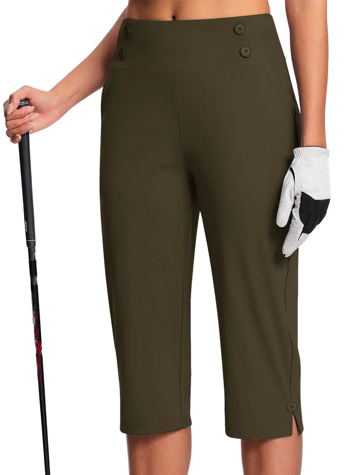 #S-5XL Women Side Split Cropped Pants with Pockets and Decorative Buttons for Golf Yoga Sports Exercise Running