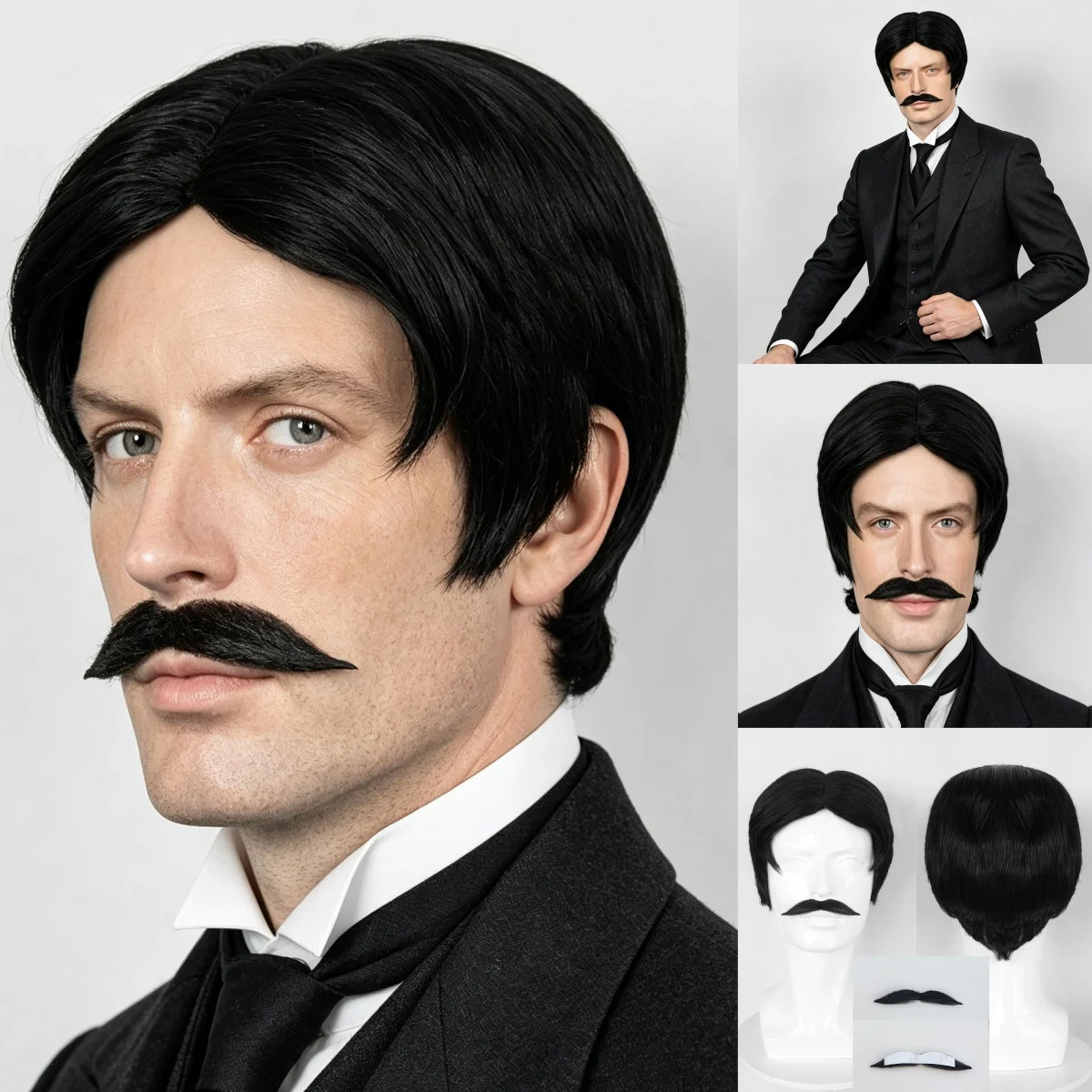 Synthetic Short Black Cosplay Wig With Split Styling And A Beard Suitable For Role-Playing Outfit Wig