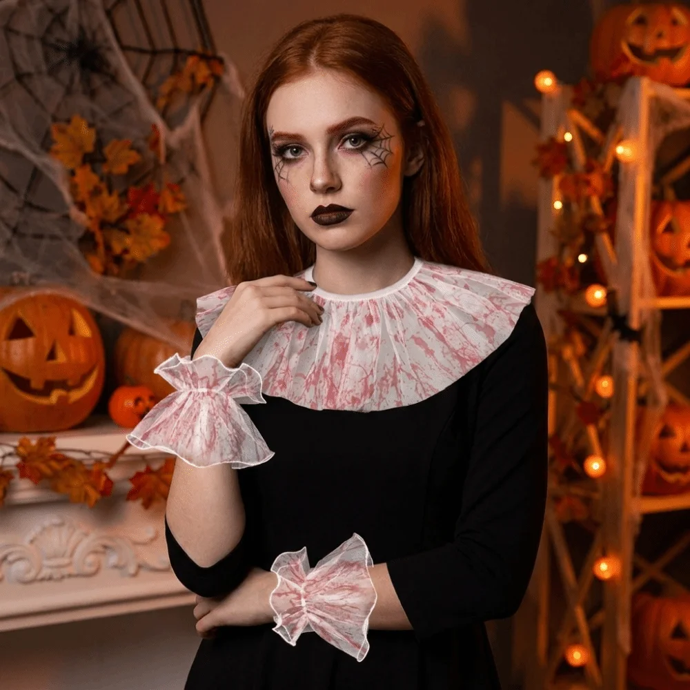 Elastic Lace Blood Colored Dress Up Set Detachable Pleated Ruffles Halloween Fake Sleeves Sensory Stimulation Halloween Cosplay