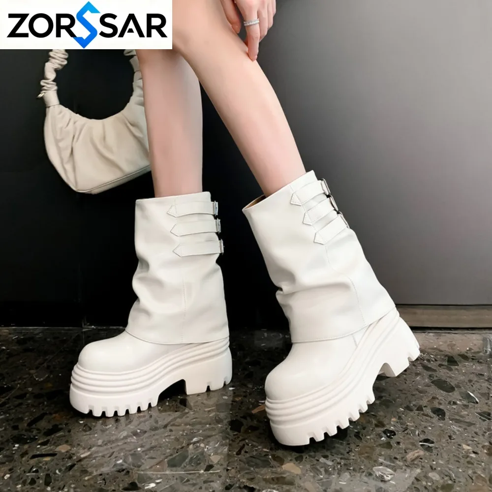 Genuine Leather Thick Heel Women Knee High Boots Fashion Ladies Belt Buckle Knight Long Booties Botas De Inverno Feminina