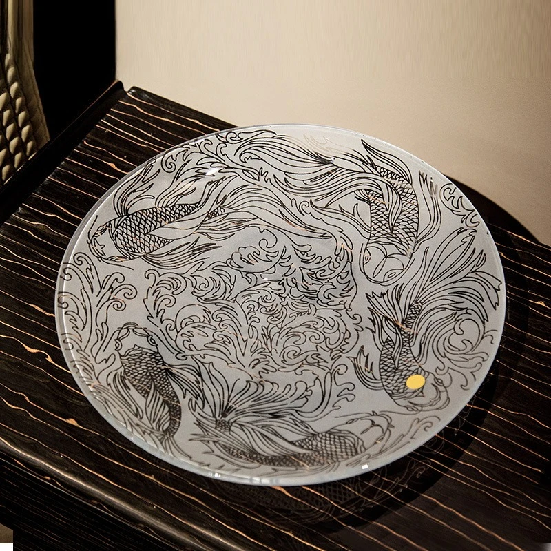 Koi flower ware round dinner plate, fruit plate set, which means auspicious home soft decoration ornament