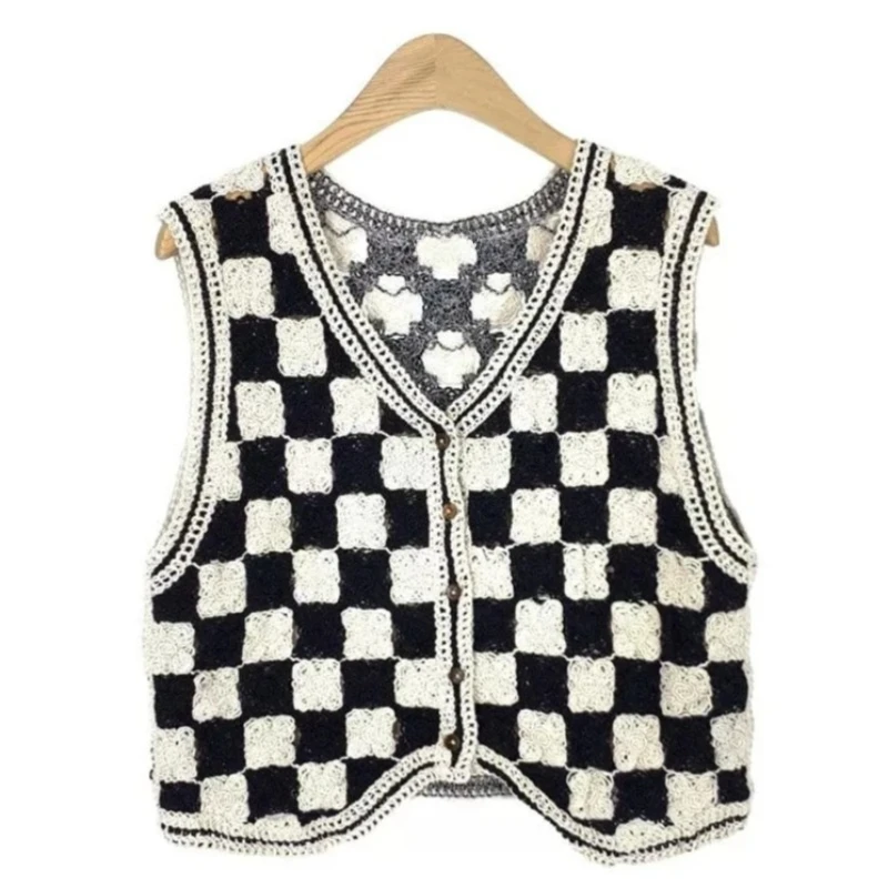Black and White Checkered Crochet Vest V-Neck Sleeveless Button Front Granny Square Hollow Openwork Knit Waistcoat Crop Top Boho
