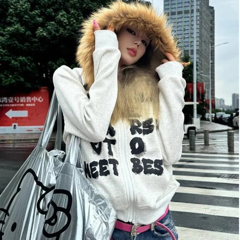 Lazy Style Letter Printed Hairy Collar Hoodie Women Autumn American Clothing New Gray Thin Casual Cardigan Coat Sweatshirts Top