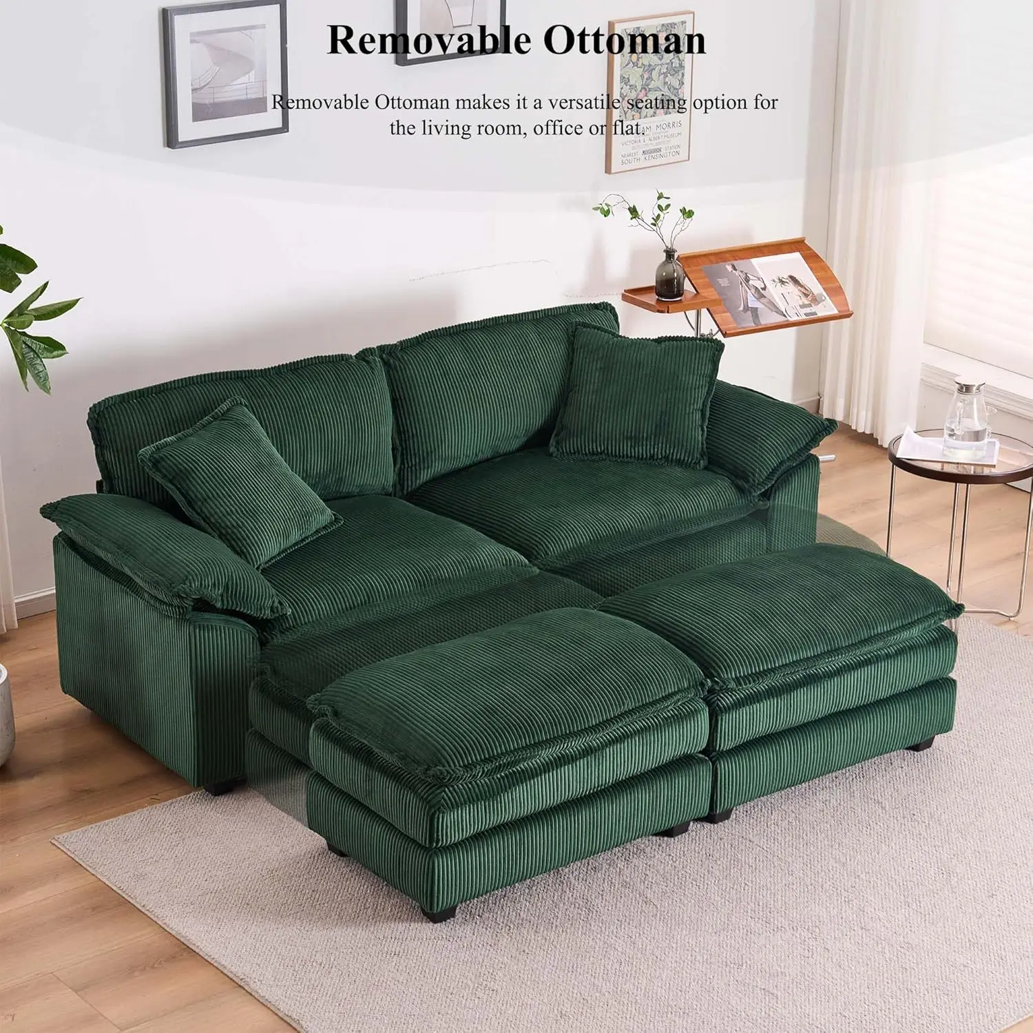 Sectional Sofa Comfy Cloud Couch, Corduroy 2-Seats Sofa with 2 Back Pillows, 2 Toss Pillows, 2 Ottoman Deep Seat Couch