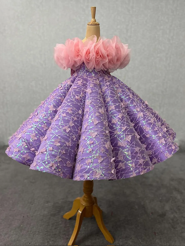 Custom Luxury Dress Wedding Guest Gown Flower Girl Gown Birthday Party Gown Pageant Show Purple Butterfly Pink Floral Off Should