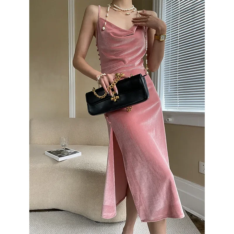 French Pink Velvet Slit Suspender Dress Spring Summer New Elegant Fashion Dinner Wedding Party Black Sleeveless Women Dresses