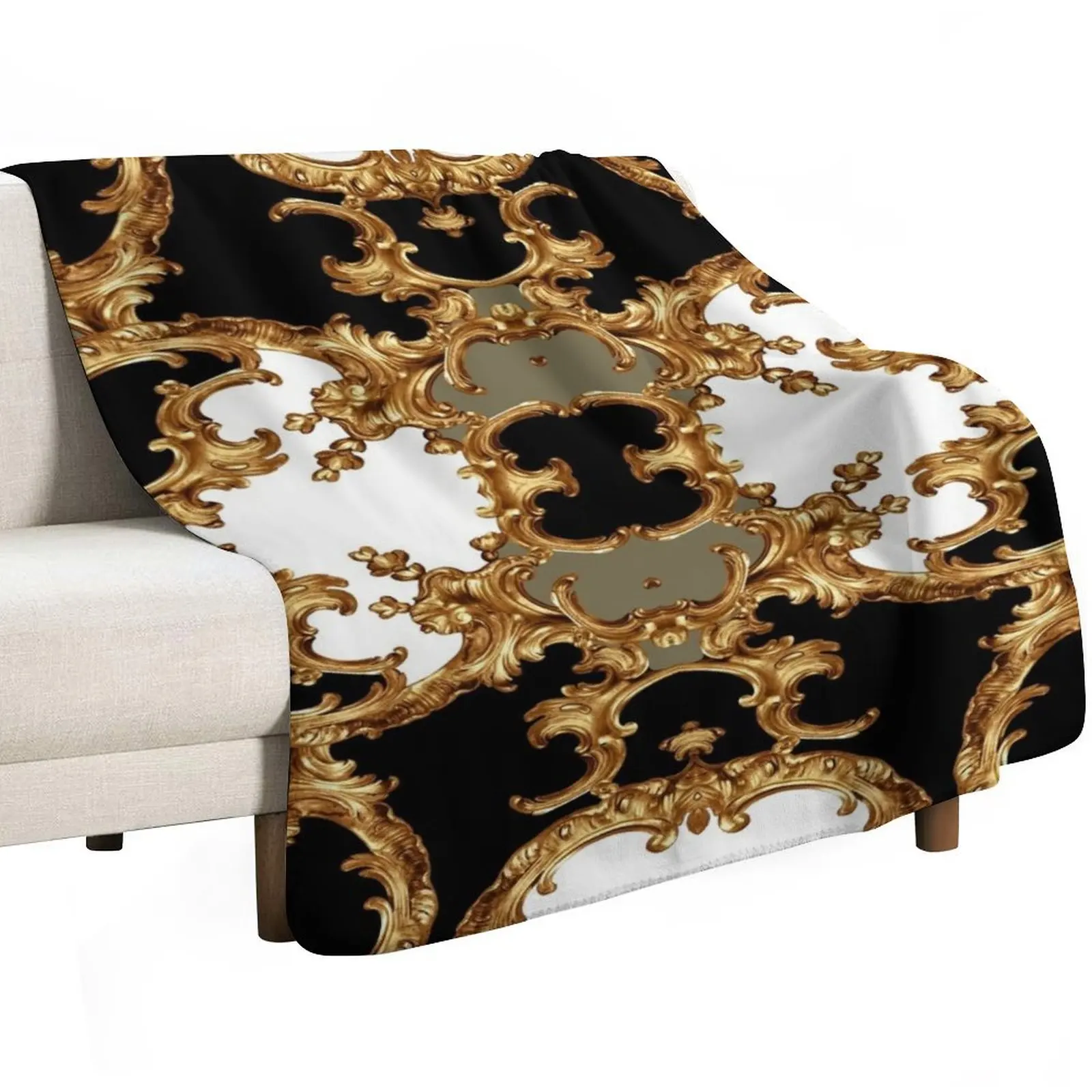 Golden ornamental baroque symmetrical Throw Blanket Travel Size Cozy Blanket for Plane Train