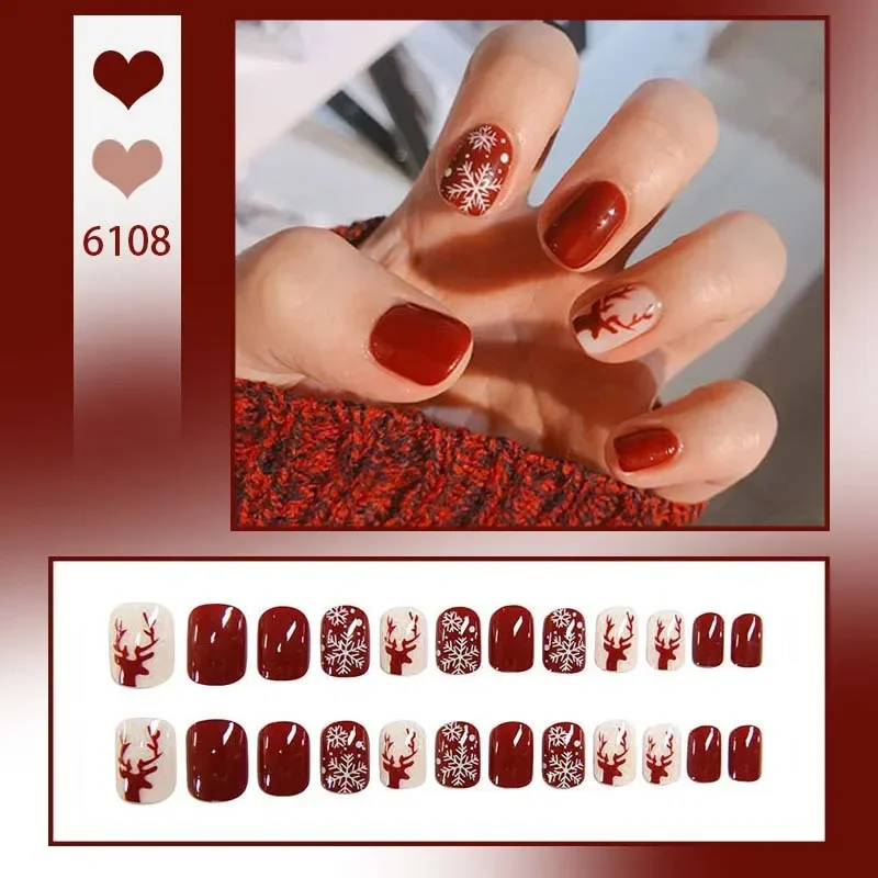 24Pcs/Box New Christmas Elk Snowflake Fake Nails Artificial Short Round Press on Acrylic Nails Tips Coffin Nail with Glue