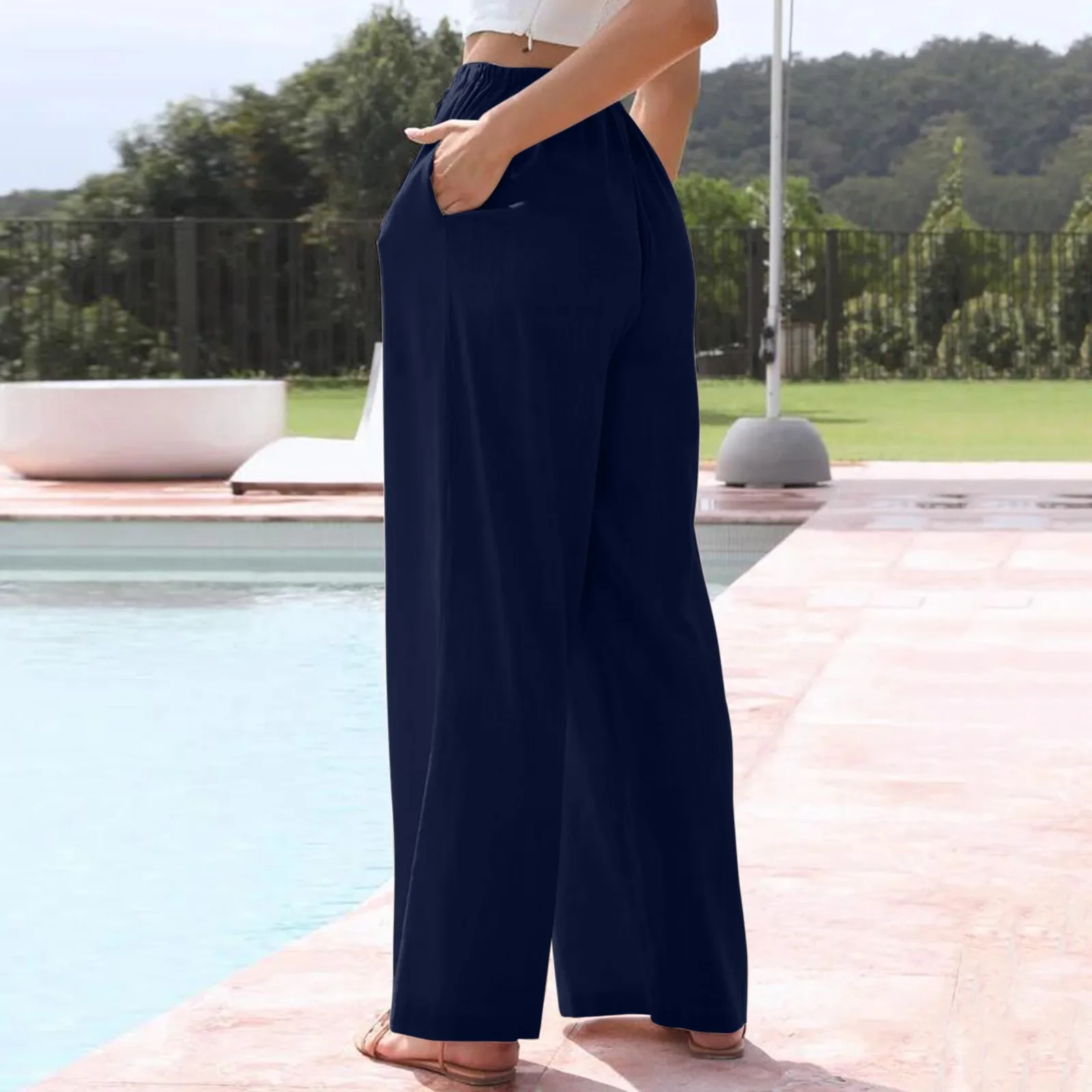 

Women Trousers High Waisted Wide Leg Pants Fashion Drawstring High Elastic Waist Comfy Straight Leg Long Pants Sweatpants Summer