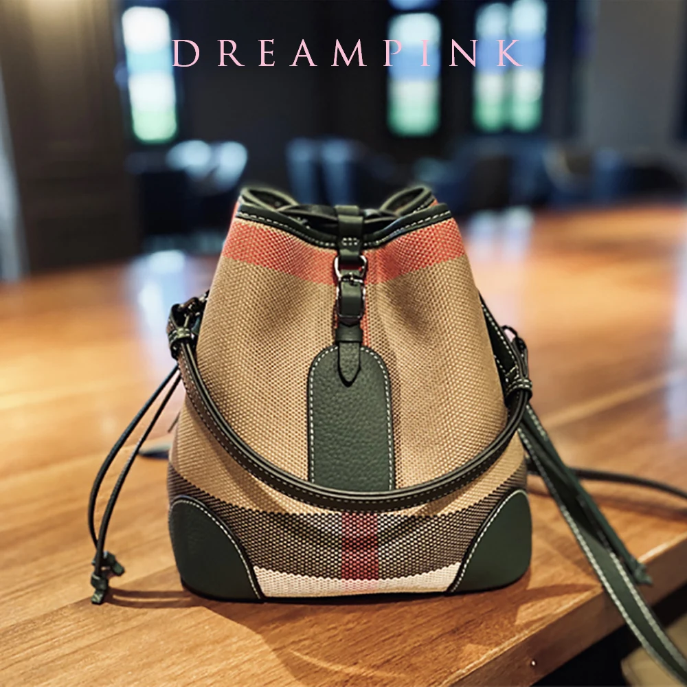 Luxury Plaid Canvas Leather Women‘S Bag Fashion Large Capacity Business Lady Bucket Shoulder Bag Female Drawstring Handbag