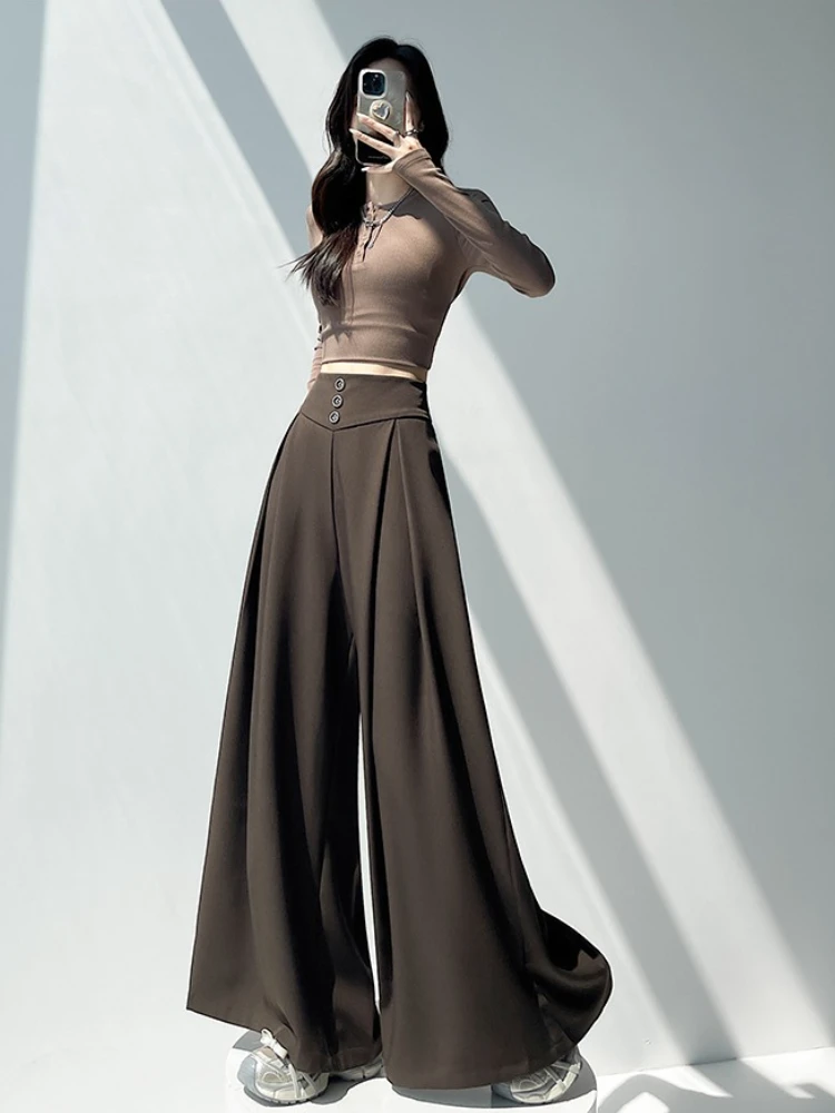 High quality breasted wide leg pants women's 2025 autumn and winter high waist hanging feeling leisure large swing pants