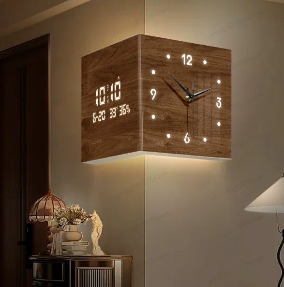 

Medieval style living room corner clock perpetual calendar electronic clock double-sided wall clock corner wall light source