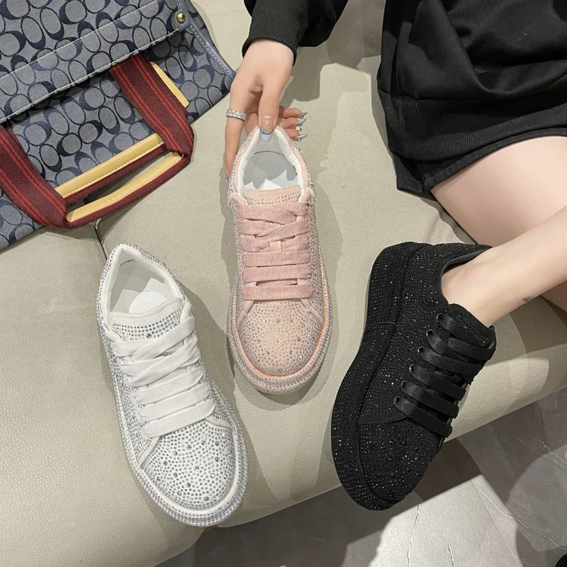 fashion Women Platform Casual Sneakers Rhinestones Thick-soled White Silver Shoes for Women Shining Crystal Sneakers Trend Shoes