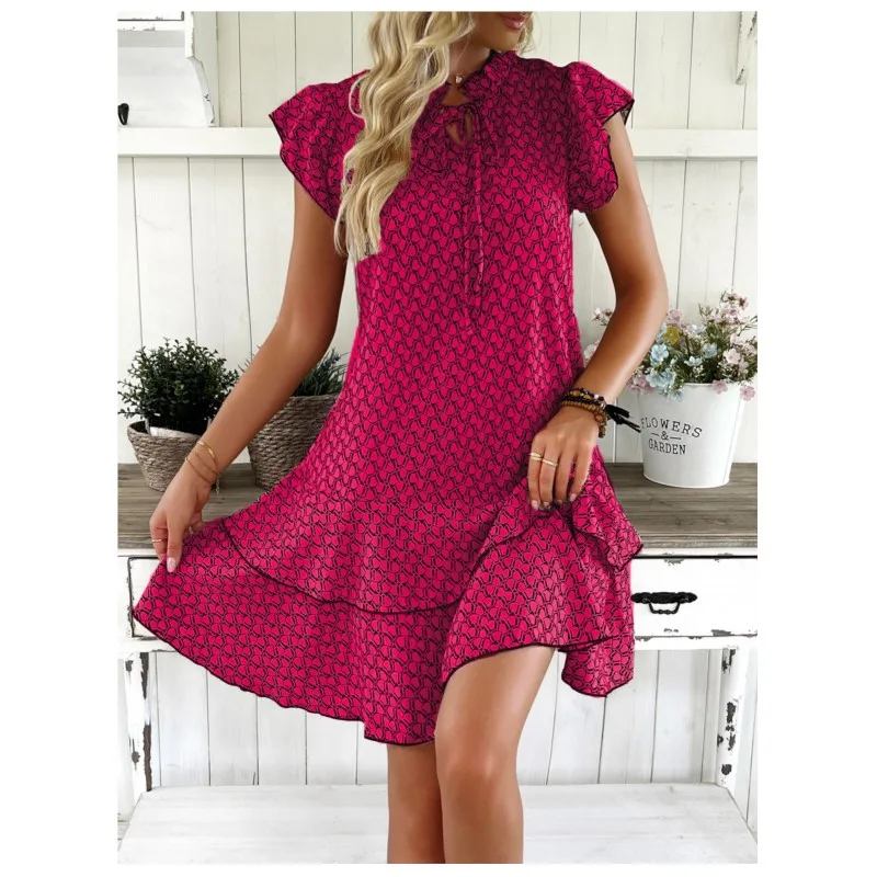 New V-neck lace up small fly sleeve dress for women lace collar short sleeved geometric pattern loose waist lotus leaf skirt y2k