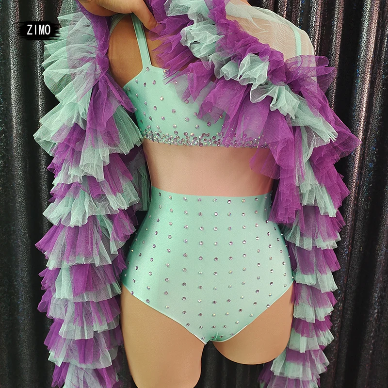 

Sexy Crystal Full Bodysuit Green purple mesh shawl Rhinestone three-piece set Celebrate Performance DS party birthday club