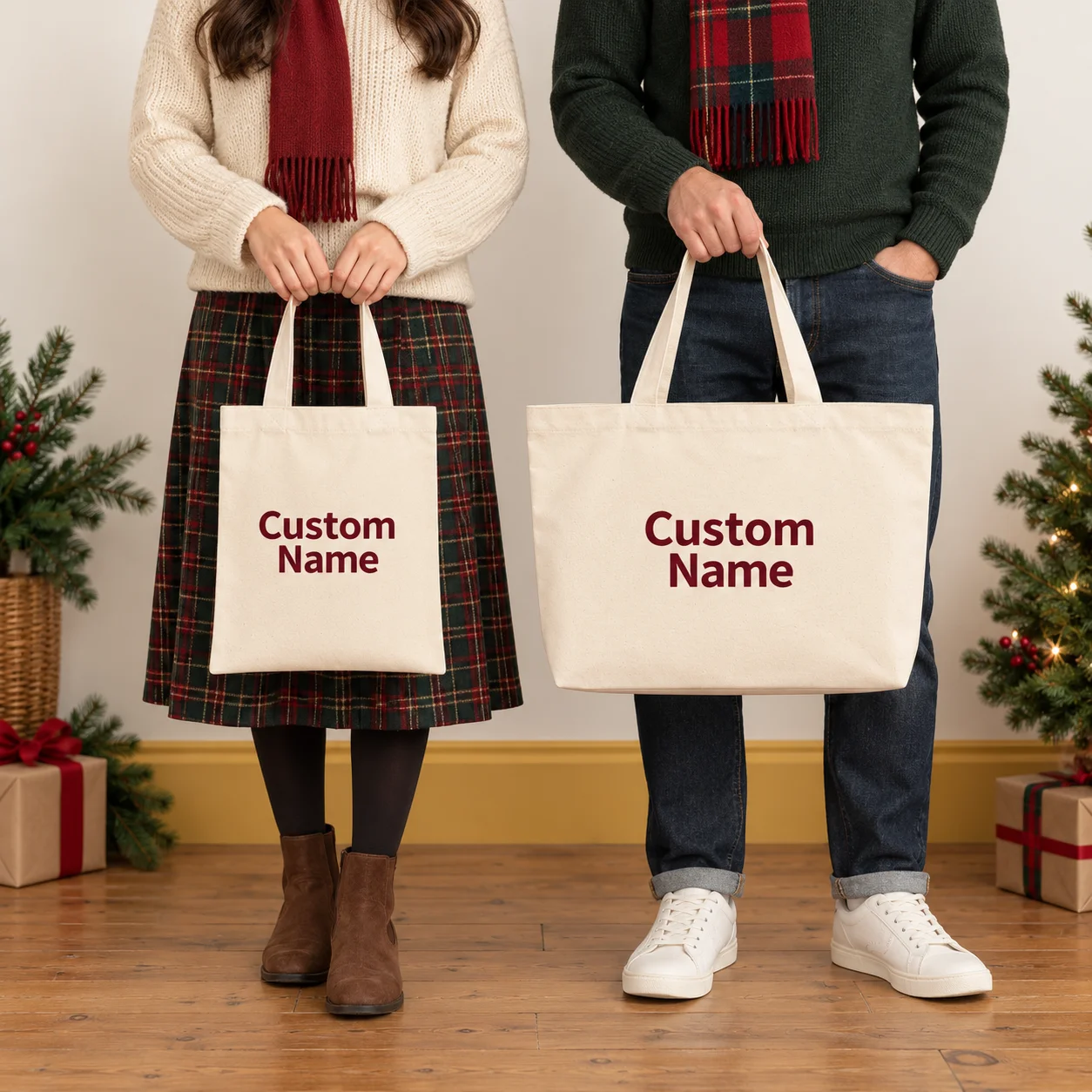 Personalized Canvas Tote Bag Two Size Custom Name Photo Logo Reusable Holiday Shopping Carryall For Women Friends Christmas Gift