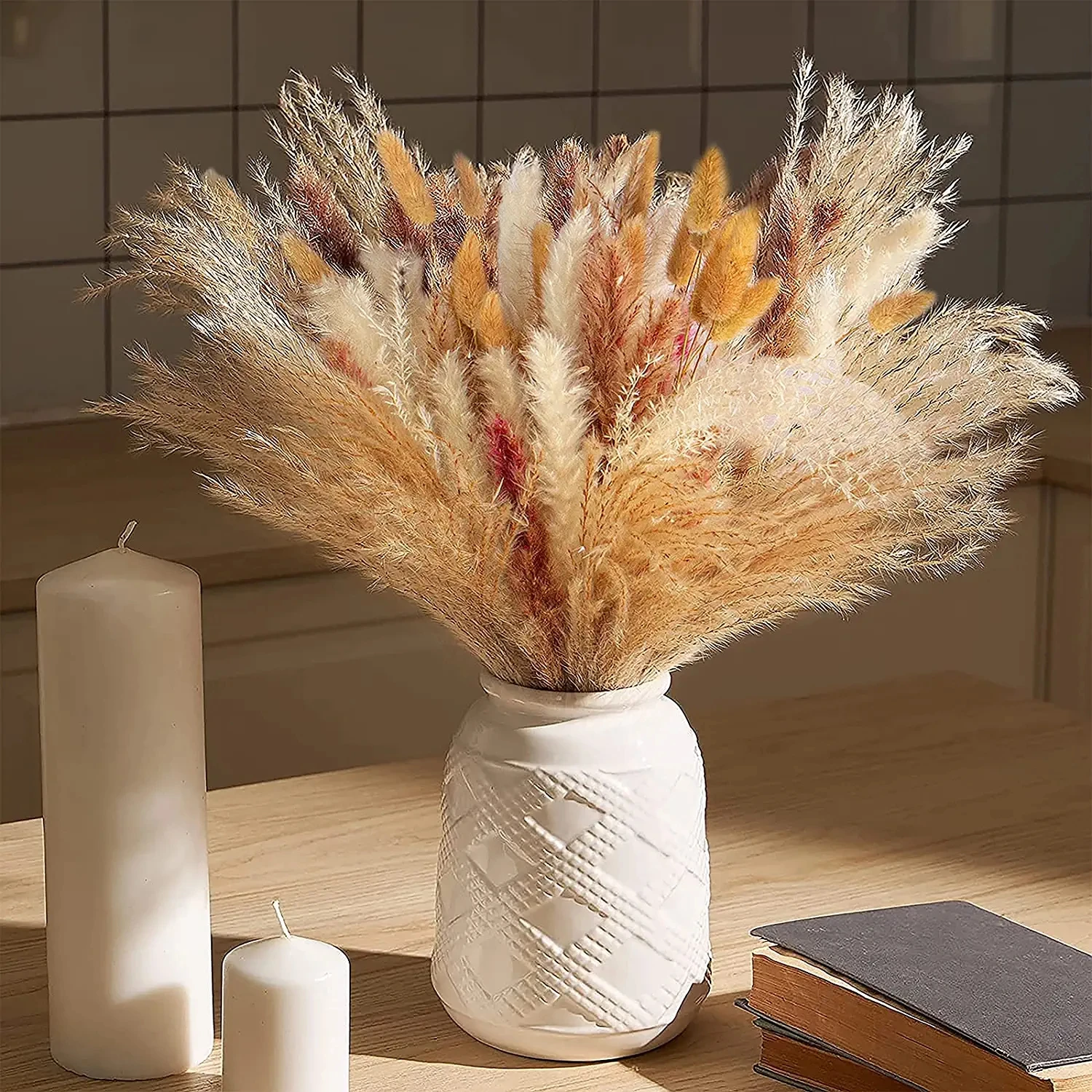 

83 pieces of natural dried reed flowers, country style, suitable for dining table, bedroom, home decoration, yard decoration