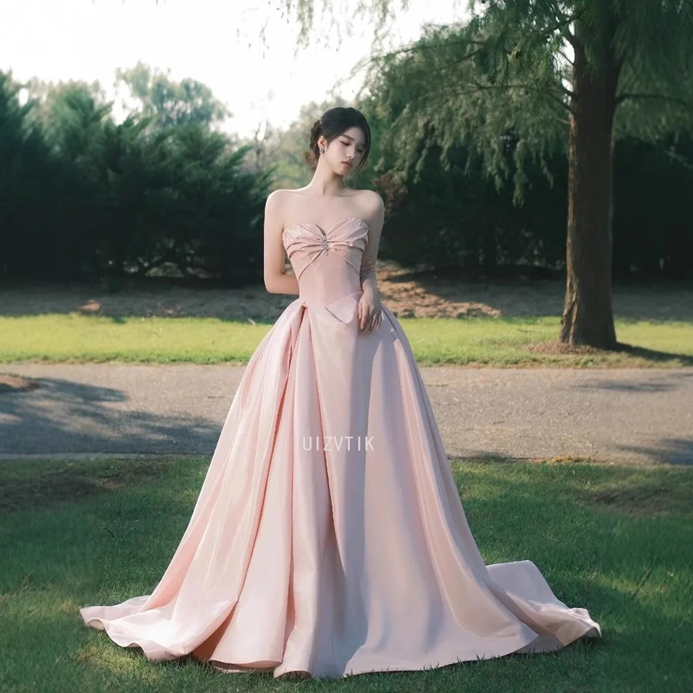 Элегантное розовое длинное вечернее платье трапециевидной формы без бретелек, атласные платья для выпускного вечера для девочек, платье принцессы Quinceanera, Vestidos De Gala Custom