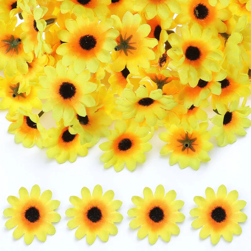 

100Pcs Yellow Artificial Sunflower Heads Realistic Plastic Silk Polyester Decorative Flowers for Weddings Parties Crafts